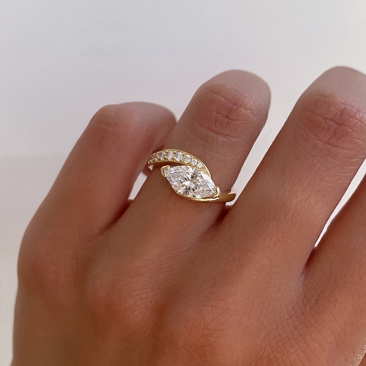 Women's Twisted Arm Half-Inlaid Marquise Ring